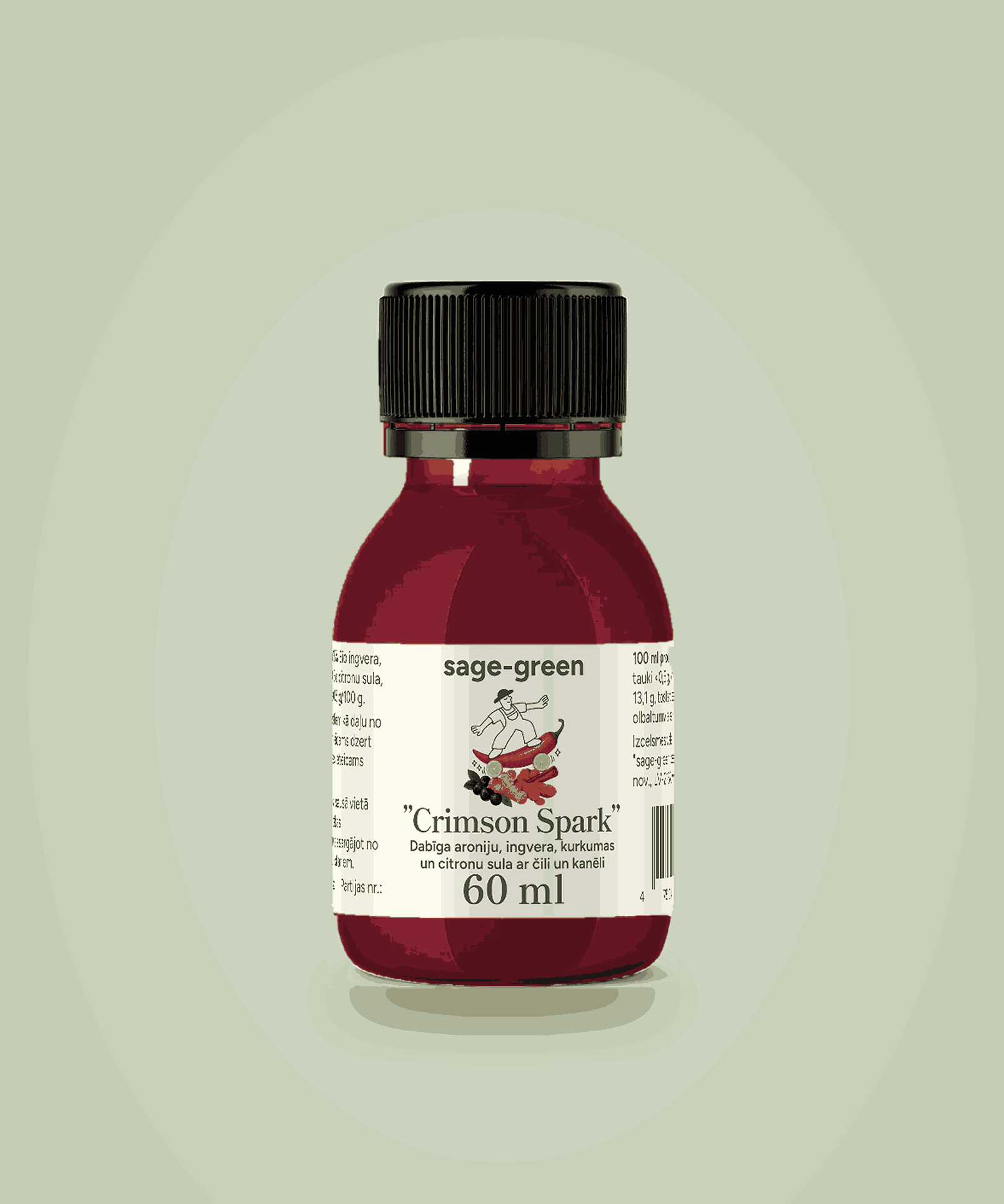 Crimson Spark – bioloģisks funkcionālais šots ar aroniju, ingveru, kurkumu, citronu, čili un kanēli (60 ml)